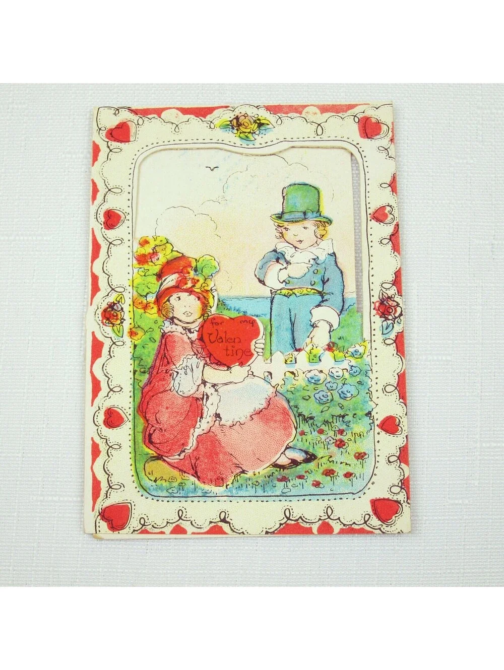 Vintage Valentine Die cut Fold 3D Card Cute Girl & Boy Garden 1920s-30s UNSIGNED